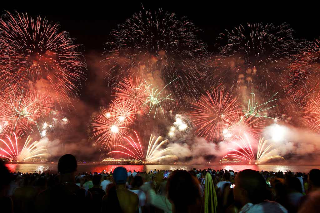 Fireworks display for for New Year's Eve as seen from Copacabana Beach. Photo © Dmitry Islentyev/123rf.