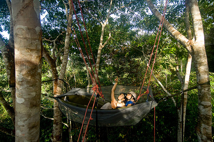 In the Amazon, two people hang in a hammock-like nest suspended in the trees.