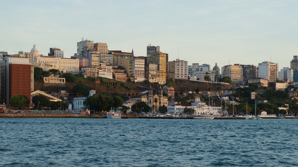 Cityscape as seen from the bay, Salvador's grand waterfront buildings and more modern buildings on the hill.