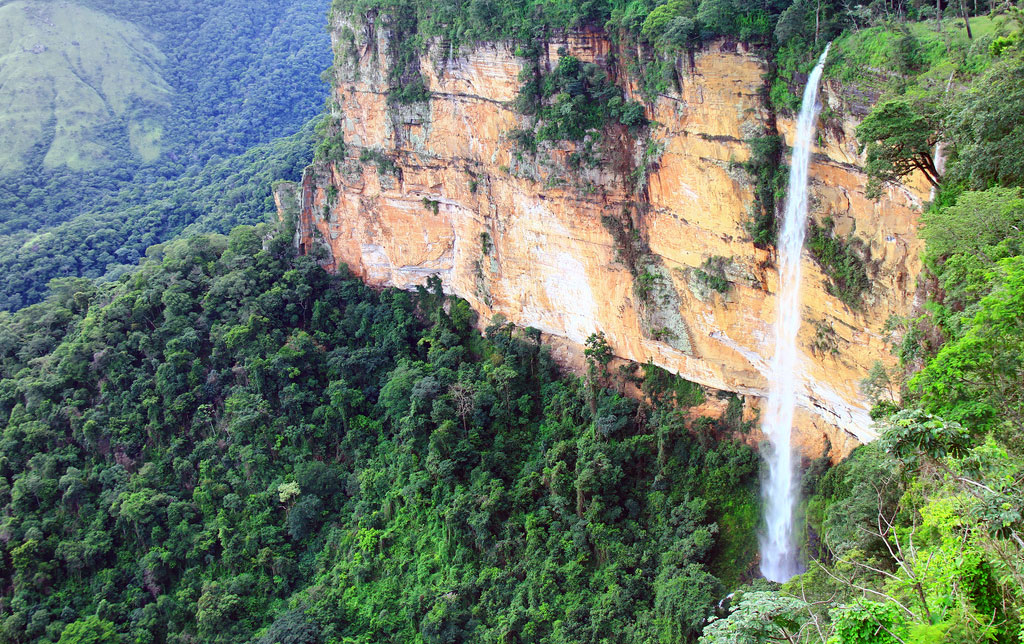 A narrow waterfall plunges off a sandstone cliff into the forest below.
