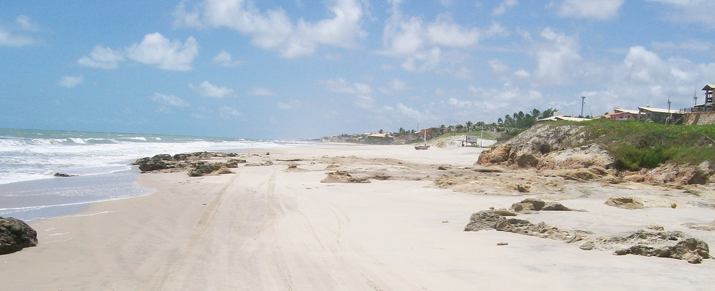 Dune buggy tracks line a flat, white sand beach.