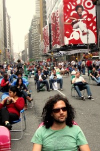 People sitting in Times Square