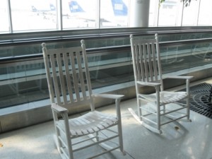 White rocking chairs in the Charlotte, NC airport