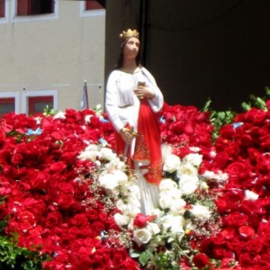 Santa Barbara figure surrounded by white and red roses