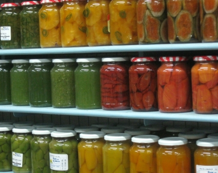 Colorful jarred foods at the market