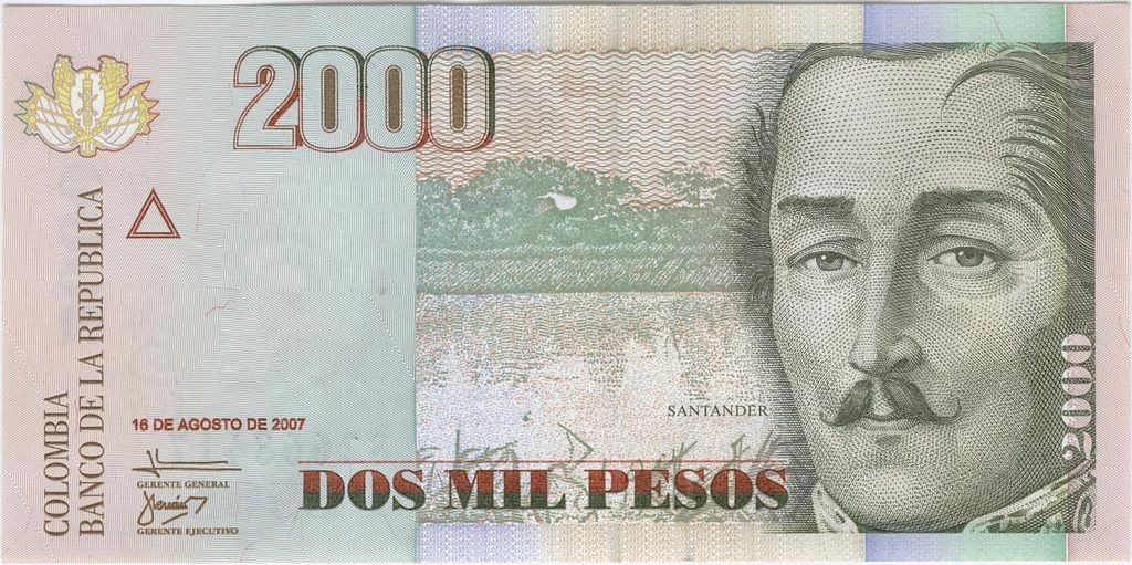 2,000 Colombian pesos note. Photo © Fibonacci (Own work) [<a href="http://www.gnu.org/copyleft/fdl.html">GFDL</a> or <a href="http://creativecommons.org/licenses/by-sa/3.0">CC BY-SA 3.0</a>], <a href="https://commons.wikimedia.org/wiki/File%3ACOP2000_frente.jpg">via Wikimedia Commons</a>.
