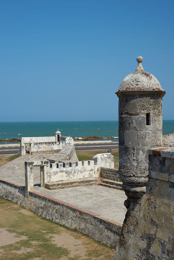 Fortified walls surrounding the historic Spanish colonial city of Cartagena in Colombia.