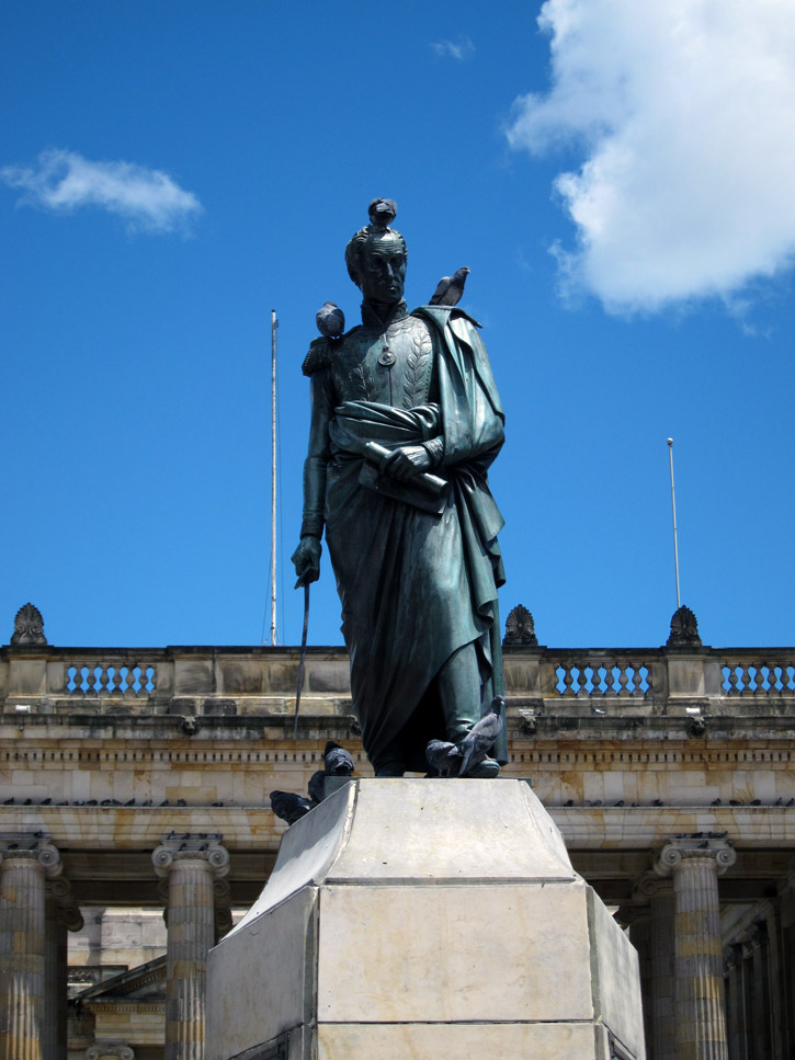 Statue of Simón Bolívar, the Liberator, with pigeons.