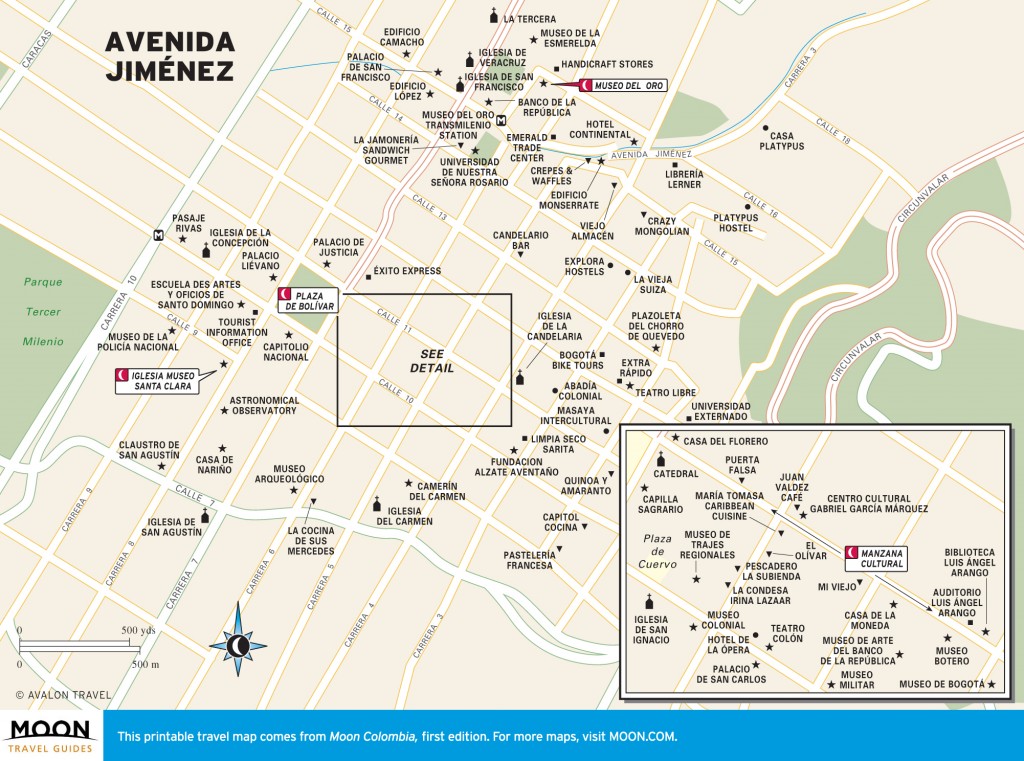 Travel map of Avenida Jiménez in Bogotá, Colombia