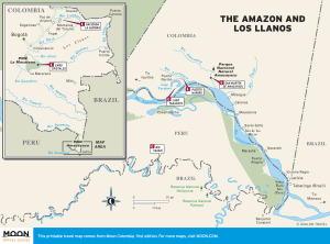 Travel map of The Amazon and Los Llanos, Colombia