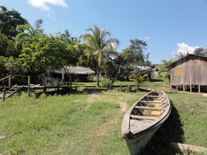 An old wooden boat pulled up in the grass in San Martin village.