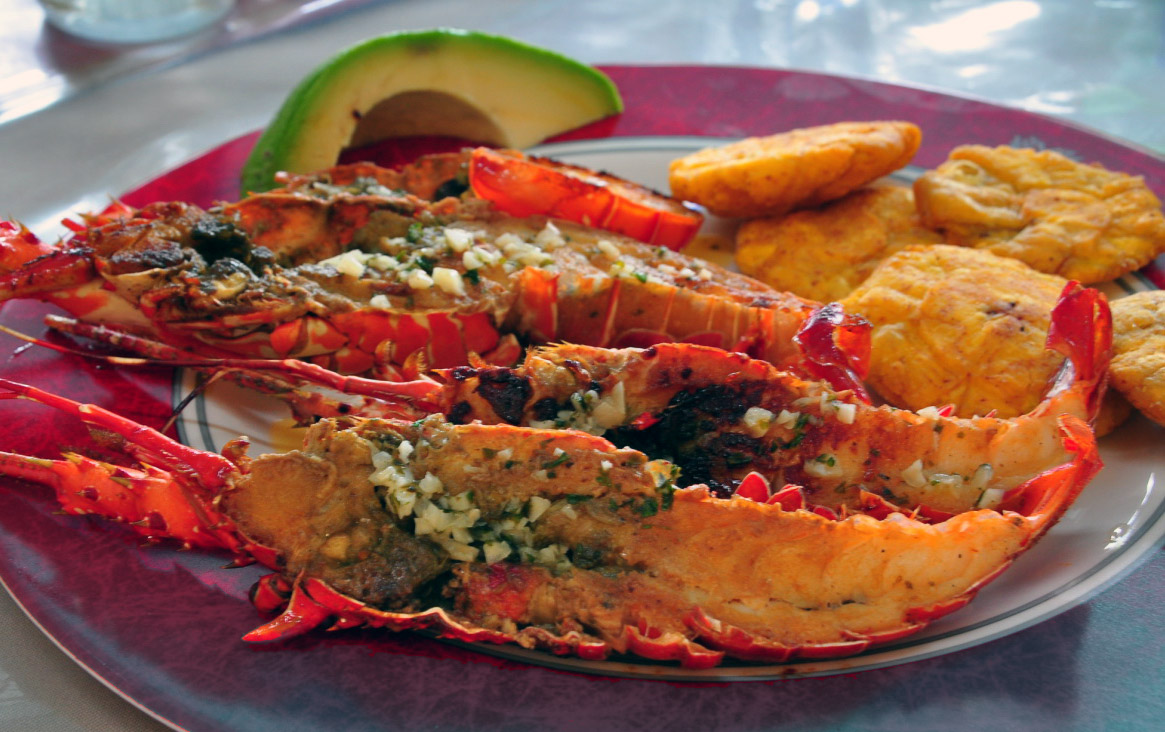Three small lobsters split and roasted on a plate with avocado and small plantain chips.