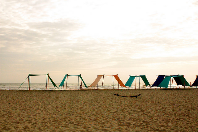 A row of colorful canopies provide shade on the beach.