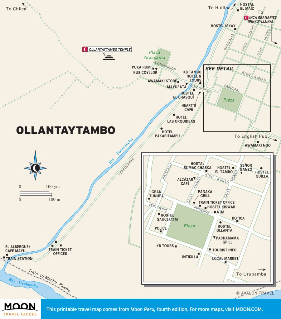 Color travel map of Ollantaytambo City, Peru