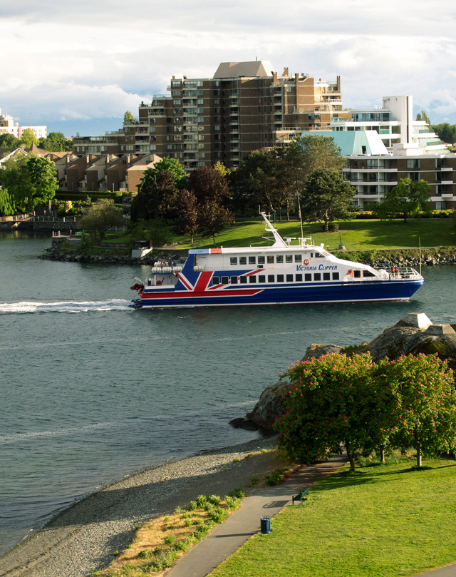 The Victoria Clipper is a passenger-only ferry that leaves from downtown Seattle and takes about three hours to reach the terminal in Victoria.