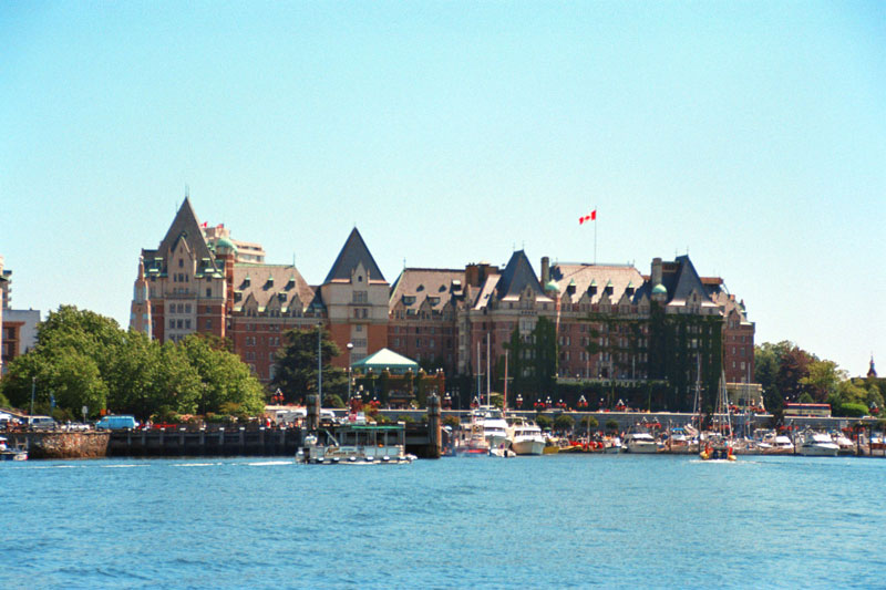 View of the Empress hotel, a grand Edwardian cheateau-style hotel on the waterfront.