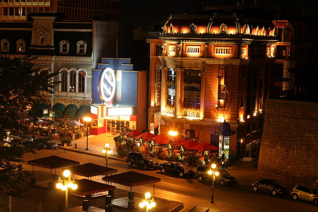 Nighttime view of the architecturally unique venue.