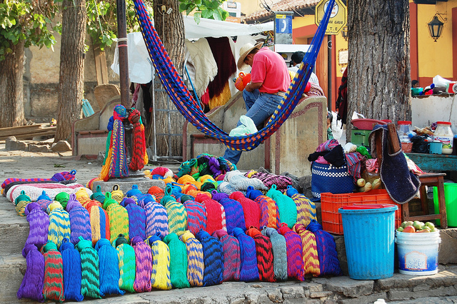 Colorful woven hammocks for sale on the street in San Cristobal, Chiapas.