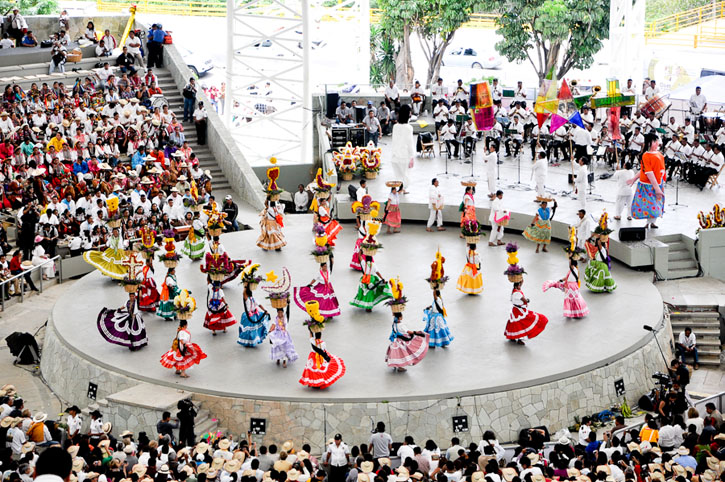 Dancers performing during the Guelaguetza Festival which brings together the indigenous peoples of Oaxaca.