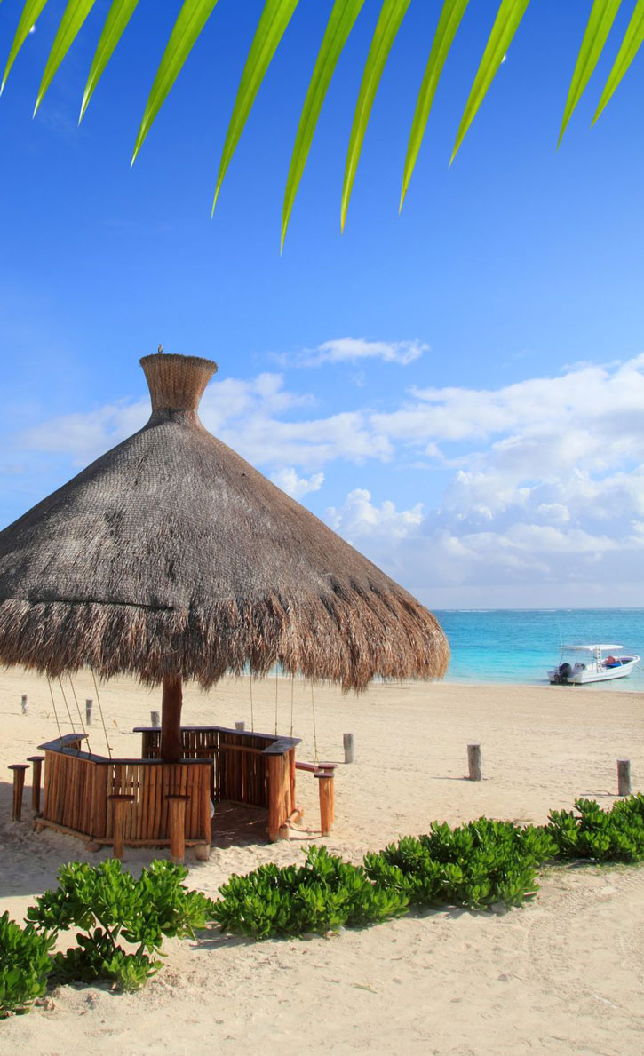 A palapa on a sandy beach in Puerto Morelos, Mexico.