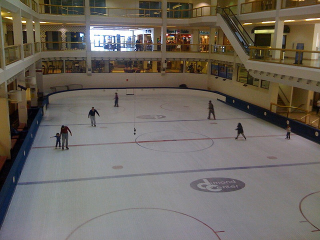 An ice skating rink set up inside a shopping mall in Anchorage.