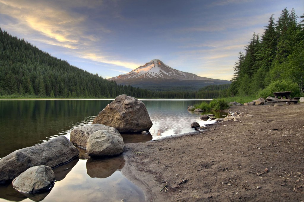 View from the wooded shore of Lake Trillium of Mount Hood rising up in the distance.