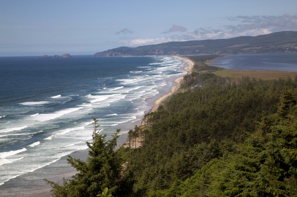 Waves rolling in along a long stretch of sandy coast.