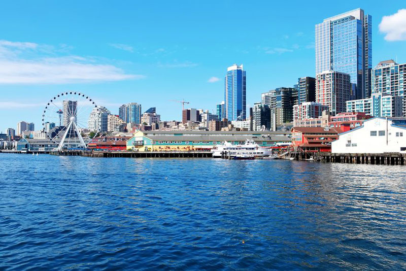View from the water of Seattle's busy waterfront.