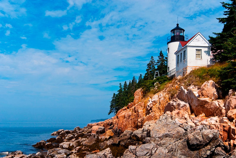 Bass Harbor Lighthouse on Mount Desert Island on a sunny day.