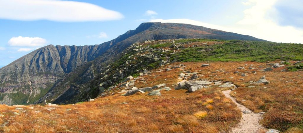 A narrow trail runs along the ridgeline of Mount Katahdin in Maine.