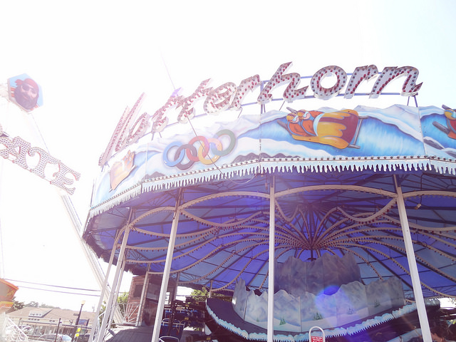 Looking up at the sign above the Matterhorn carnival ride at Palace Playland.