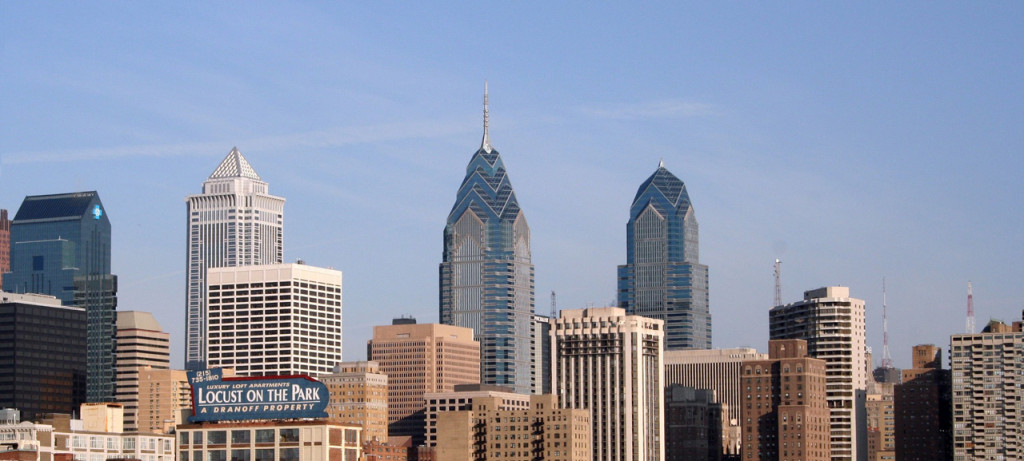 The Philadelphia city skyline on a clear day.