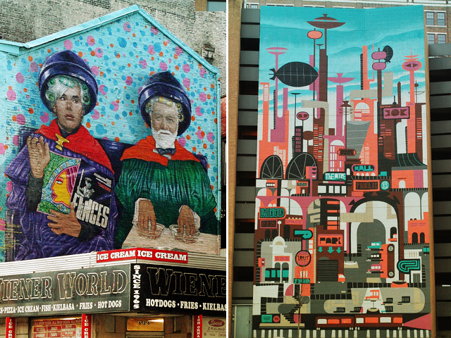 Two of Pittsburgh's most famous murals, “The Two Andys,” by Tom Mosser and Sarah Zeffiro, and “Yesterday’s Tomorrow,” by Brian Holderman.