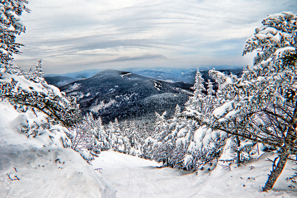 A steep, narrow trail runs between dense snow-covered trees with more snow-capped mountains visible in the distance.