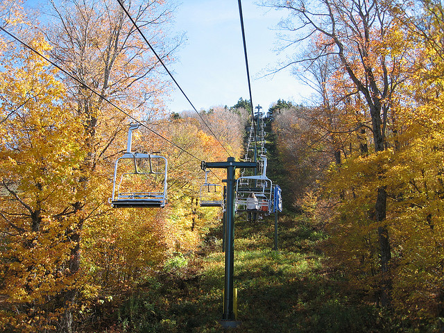 Taking a gondola ride through fall foliage in Killington Vermont.