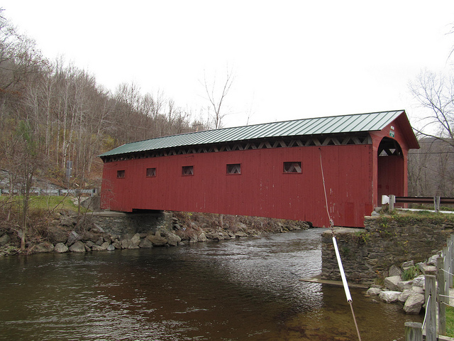 Bridge on the Green in Arlington, a red-painted covered bridge.