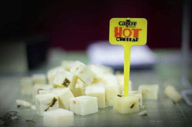 Sampling cubes of spiced white cheddar from Cabot.