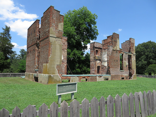The remaining brick walls of a house dating back to the 1600s in New Towne, Jamestown, Virginia.