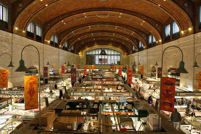 View from above of all the stalls stretching out through the West Side Market.
