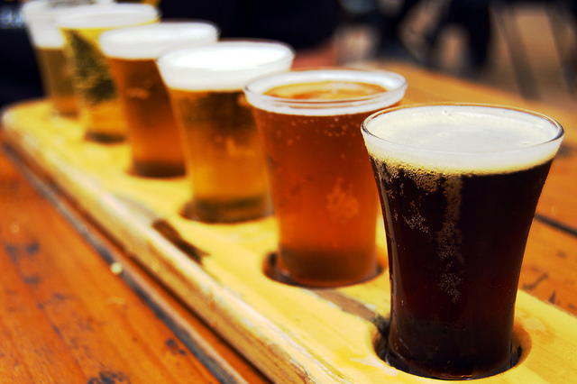 A row of sampler sized beers in a row from dark to light.