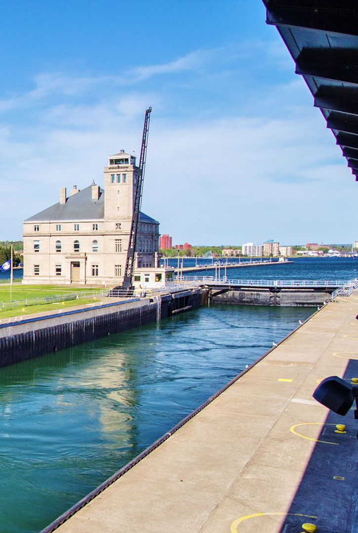 The Soo Locks in the heart of downtown Sault Ste. Marie, Michigan. 