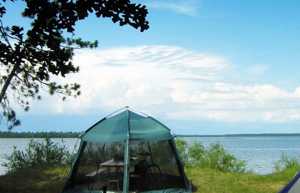 A mesh day-tent covers a picnic table at the side of a lake on a sunny day with thick clouds in the sky.