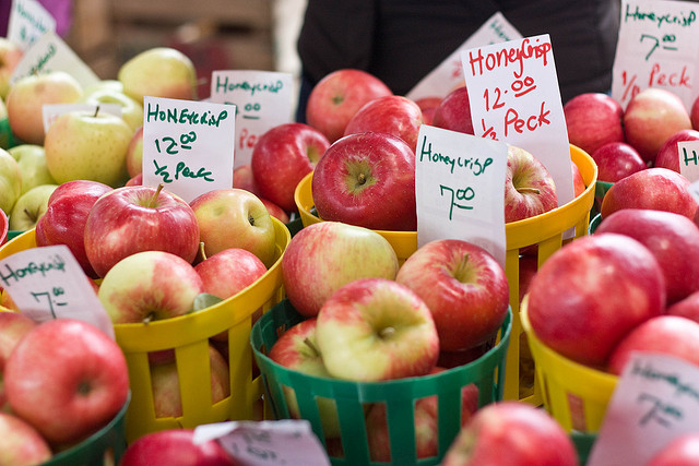 Baskets of honeycrisp apples for sale at the St. Paul Farmers Market.