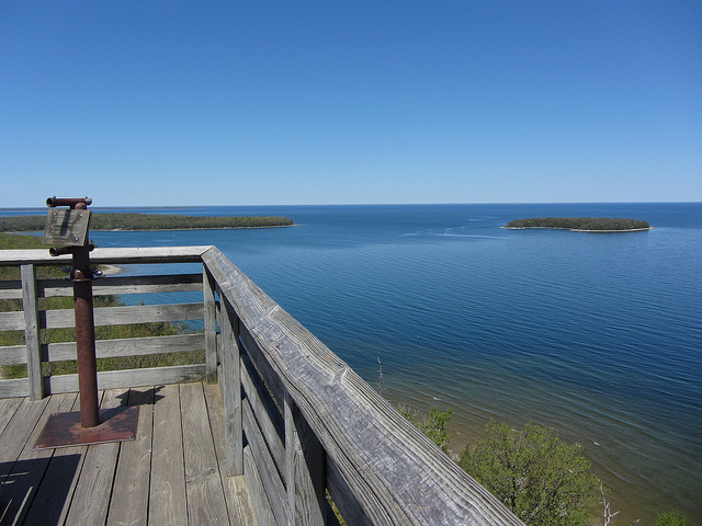 Atop the seventy-five foot high viewing platform overlooking the water.