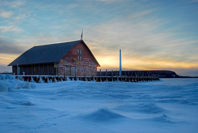 Winter sunset at the Anderson Barn, Ephraim, Wisconsin.