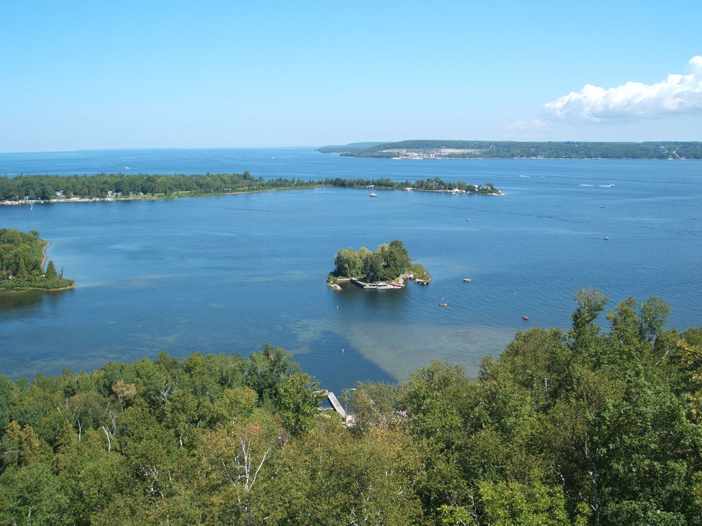 A view over the clear waters of the bay with trees growing thickly up to the shore.