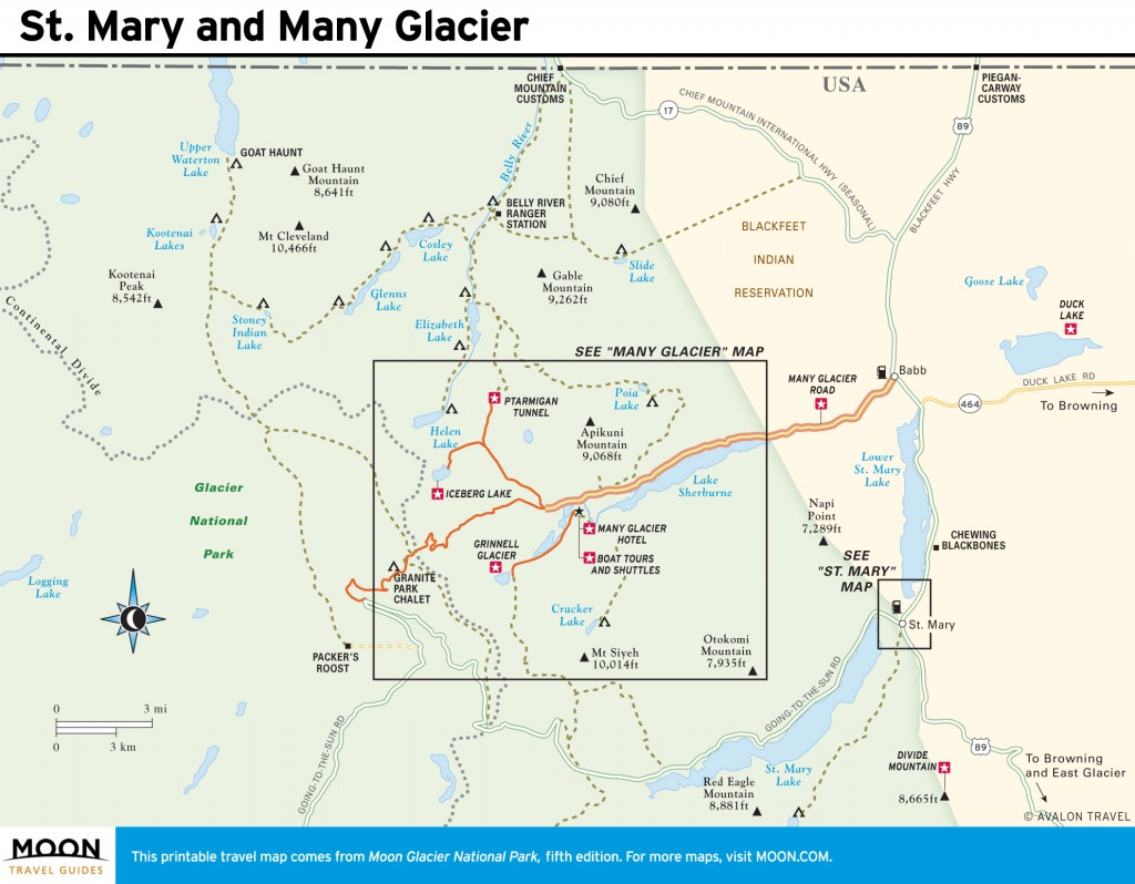 Travel map of St. Mary and Many Glacier