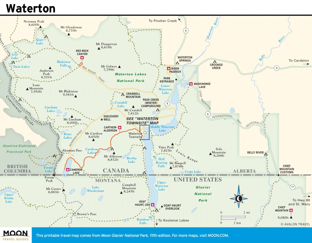 Travel map of Waterton, Alberta