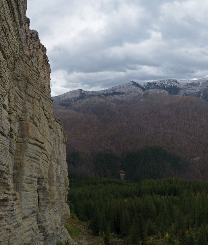 Overlooking the Silvertip Creek drainage and the Flathead Mountain Range in the Bob Marshall Wilderness Complex.