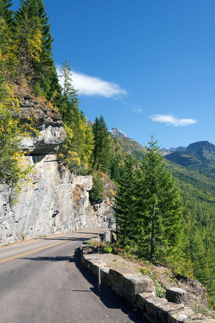 Trees cluster along the steep sides of Glacier's Going-to-the-Sun-Road.